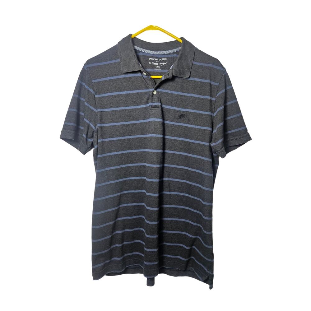 Banana Republic Men's Short Sleeve Polo Shirt Gray Blue Stripes Large